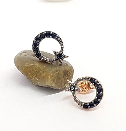 Ay Yıldız Figürlü  Rose Gümüş Küpe