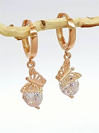 Pırlanta Işıltısında Özel Kesim Zirkon Gümüş Rose Kelebek Küpe