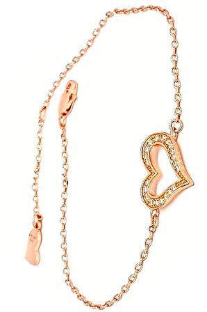 Kalp Figurlu Swarovski Tasli Gumus Rose Bileklik
