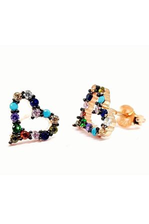 Renkli Taşlı Kalp Figürlü Gümüş Rose Küpe