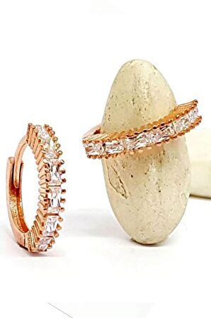 Baget Kesim Taşlı Gümüş Rose Küpe