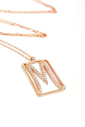 M Harfi Zirkon Taşlı Gümüş Rose Kolye