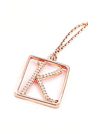 K Harfi Zirkon Taşlı Gümüş Rose Kolye