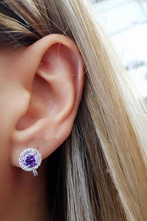 Ametist ve Zirkon Taşlı Gümüş Minimal Küpe