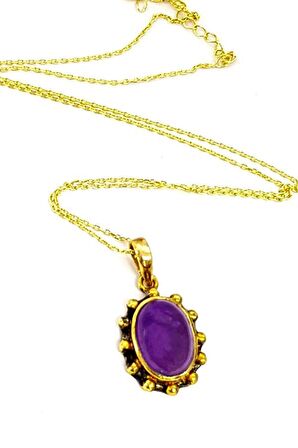 Gümüş Üzerine Altın Kaplama Ametist Taşlı Kolye 