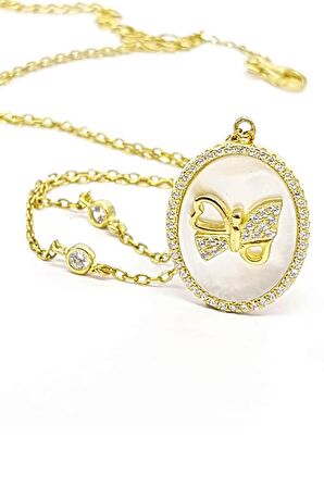 Sedef Taşlı Gümüş Üzerine Altın Kaplamalı Kelebek Figürlü Kadın Kolye 