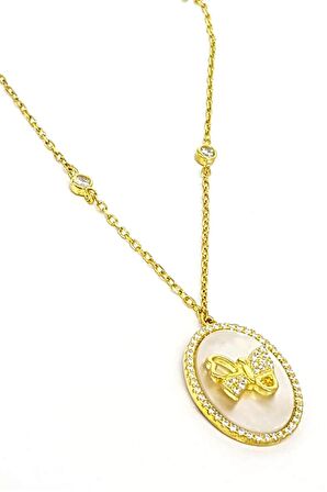 Sedef Taşlı Gümüş Üzerine Altın Kaplamalı Kelebek Figürlü Kadın Kolye 