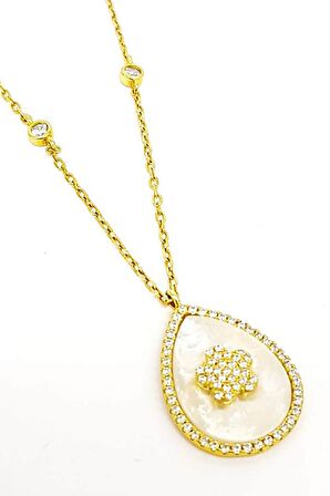 Çiçek Figürlü Sedef Taşlı Gümüş Kadın Kolye 