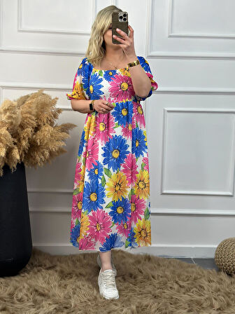 Çiçek  Desenli Gögüs Drapeli Astarlı Şifon Elbise MAVİ