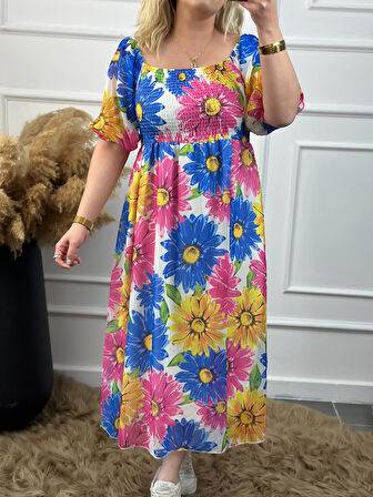 Çiçek  Desenli Gögüs Drapeli Astarlı Şifon Elbise MAVİ