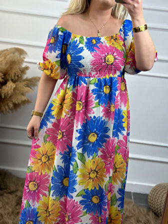 Çiçek  Desenli Gögüs Drapeli Astarlı Şifon Elbise MAVİ