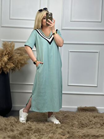 V Yaka Ribanalı Elbise Mint