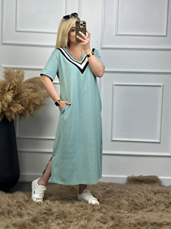 V Yaka Ribanalı Elbise Mint