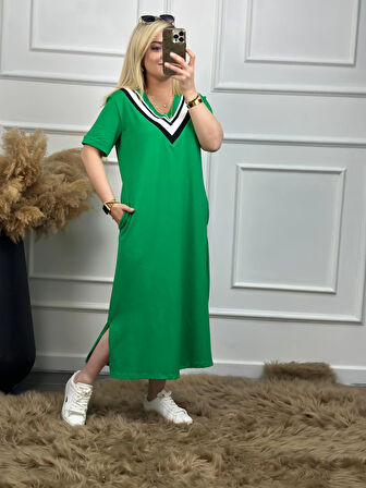 V Yaka Ribanalı Elbise YEŞİL