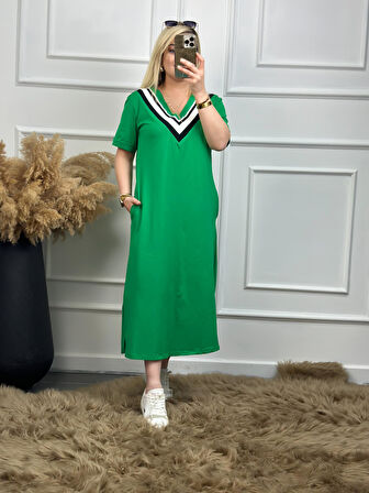 V Yaka Ribanalı Elbise YEŞİL