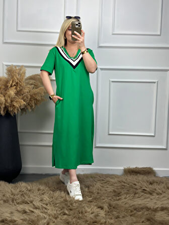 V Yaka Ribanalı Elbise YEŞİL