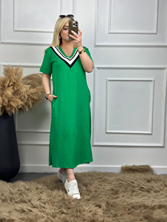 V Yaka Ribanalı Elbise YEŞİL