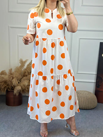Puantiyeli Beyaz Elbise TURUNCU