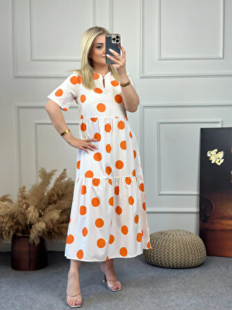 Puantiyeli Beyaz Elbise TURUNCU
