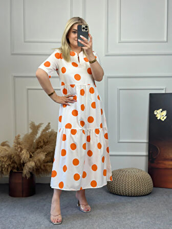 Puantiyeli Beyaz Elbise TURUNCU