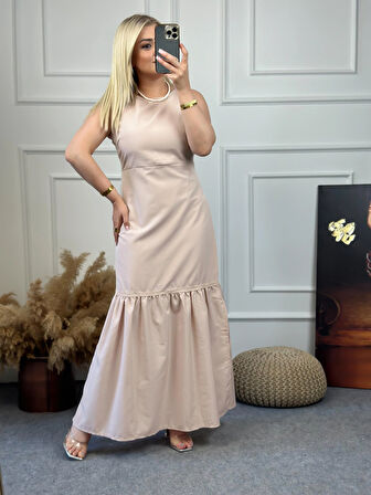 Kalın Askılı Eteği Büzgülü Yırtmaçlı Elbise BEJ