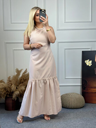 Kalın Askılı Eteği Büzgülü Yırtmaçlı Elbise BEJ