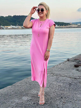 Vatkalı Düşük Omuz Önü Yırtmaçlı Modal Kumaş Elbise PEMBE