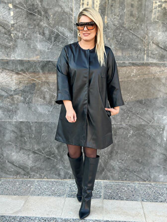 Metal Düğmeli Deri Elbise SİYAH