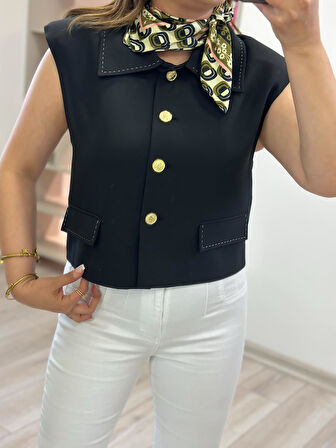 Dikiş Detay Vatkalı Yelek SİYAH