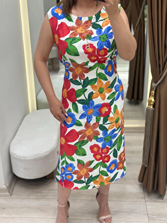 Çiçekli Kolsuz Elbise KIRMIZI