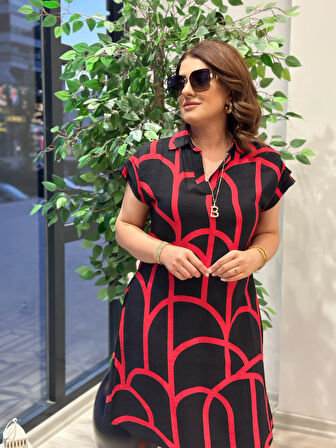 Gömlek Yaka Desenli Aerobin Keten Elbise KIRMIZI