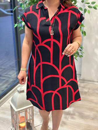 Gömlek Yaka Desenli Aerobin Keten Elbise KIRMIZI