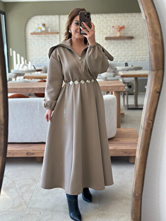 Geniş Yaka Fermuarlı Beli Lastikli Kemerli Scuba Elbise AÇIK KAHVE