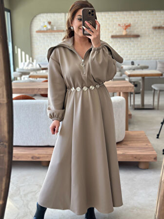 Geniş Yaka Fermuarlı Beli Lastikli Kemerli Scuba Elbise AÇIK KAHVE