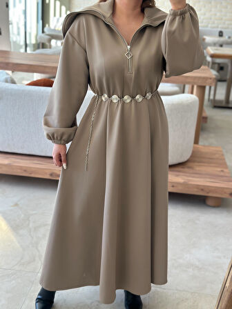 Geniş Yaka Fermuarlı Beli Lastikli Kemerli Scuba Elbise AÇIK KAHVE