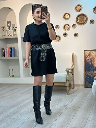 Simli Triko Elbise SİYAH