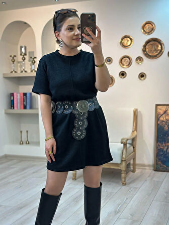 Simli Triko Elbise SİYAH