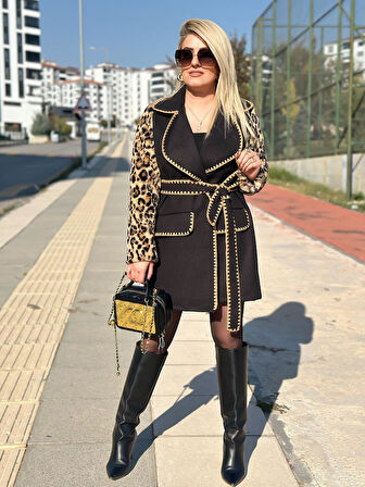 Çoban Dikişli Leopar Kaşe Kaban SİYAH