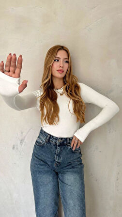 Kadın OYS Model Full Likra Parmak Geçirmeli Slip Beyaz Body Bluz