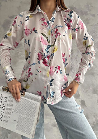 Kadın Zra Model Dökümlü Saten Ekru Çiçek Detay Yeni Tarz Gömlek