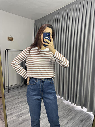 Premium Seri Kahverengi Çizgili Yaka Biyeli Sweat
