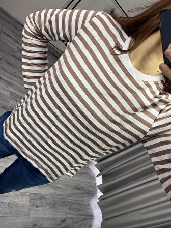 Premium Seri Kahverengi Çizgili Yaka Biyeli Sweat