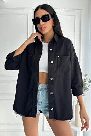 Kadın Oversize Etek Ucu Püsküllü Denim Siyah Gömlek