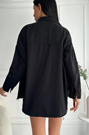 Kadın Oversize Etek Ucu Püsküllü Denim Siyah Gömlek