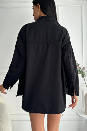Kadın Oversize Etek Ucu Püsküllü Denim Siyah Gömlek