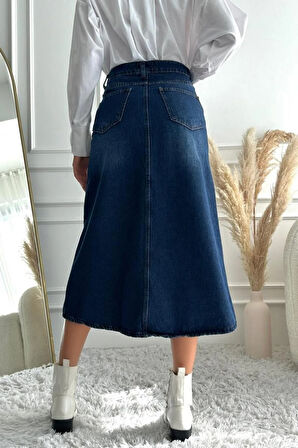 Kadın Midi Boy Yırtmaçlı Denim Lacivert Etek