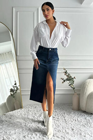 Kadın Midi Boy Yırtmaçlı Denim Lacivert Etek