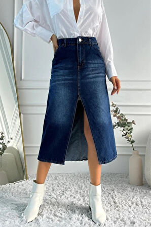 Kadın Midi Boy Yırtmaçlı Denim Lacivert Etek