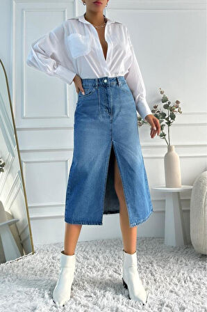 Kadın Midi Boy Pens Detaylı Yırtmaçlı Denim Mavi Etek
