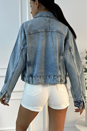 Kadın Yıpratmalı Vintage Mavi Denim Ceket